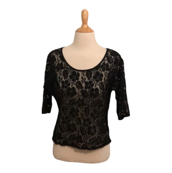 LOVE ON A HANGER Black Lace Sheer Cover Up Open Back Top Women's Medium Boho - Picture 1 of 7